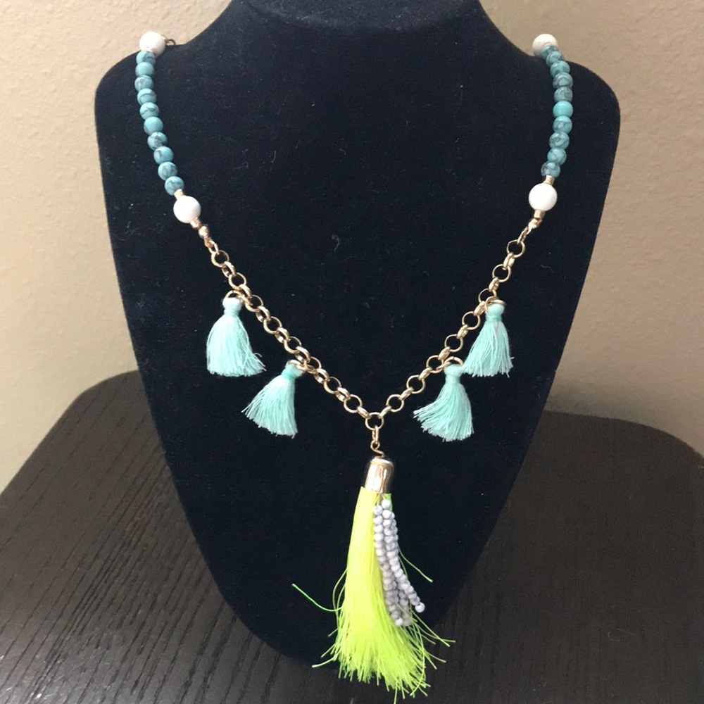 Gold Tone Chain Women’s Tassel Necklace Turquoise and Neon Yellow Boho
